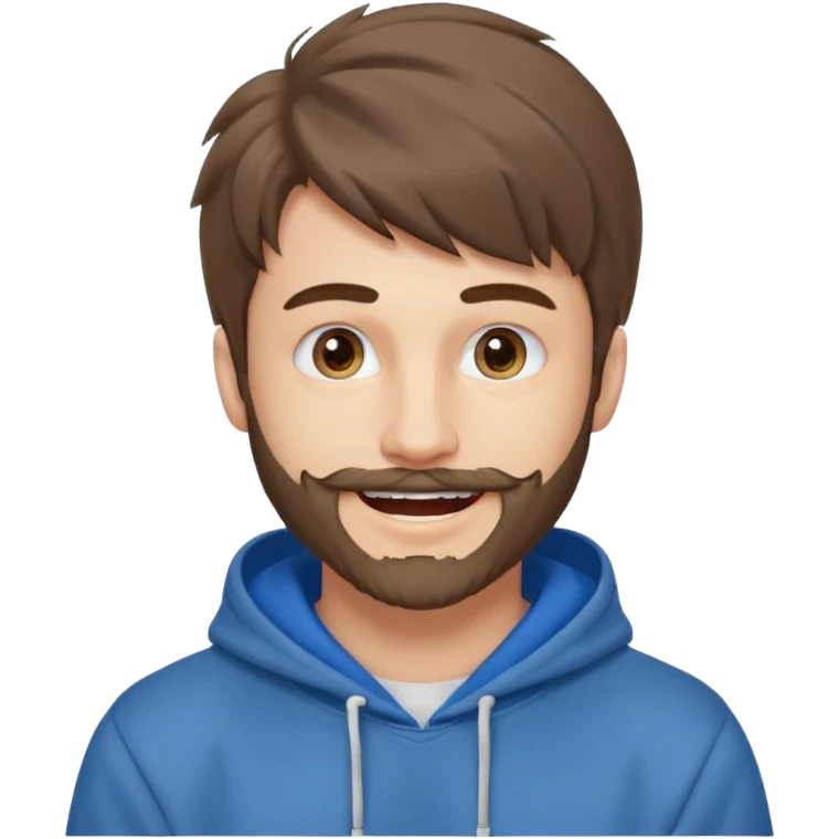 20 year old man, short scruffy beard and thin moustache, brown puffy mullet, blue eyes, big smile, white teeth, big lips, pronounced jaw, hair longer in back, sticking up on top, thin face, grey hooded sweatshirt, blue eyes emoji
