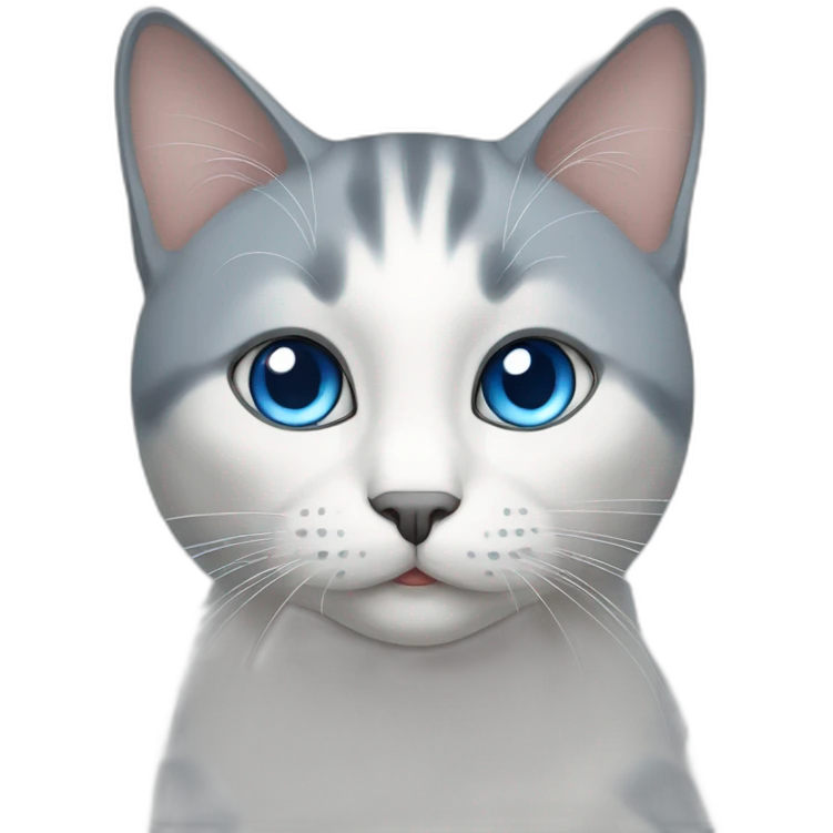 A grey and white  cat has a blue eye emoji