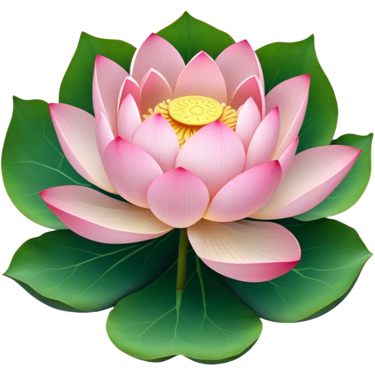 Accurate lotus flower with pink petals and botanically correct lotus leaf - round with distinctive notch, raised edges and radial veins emoji