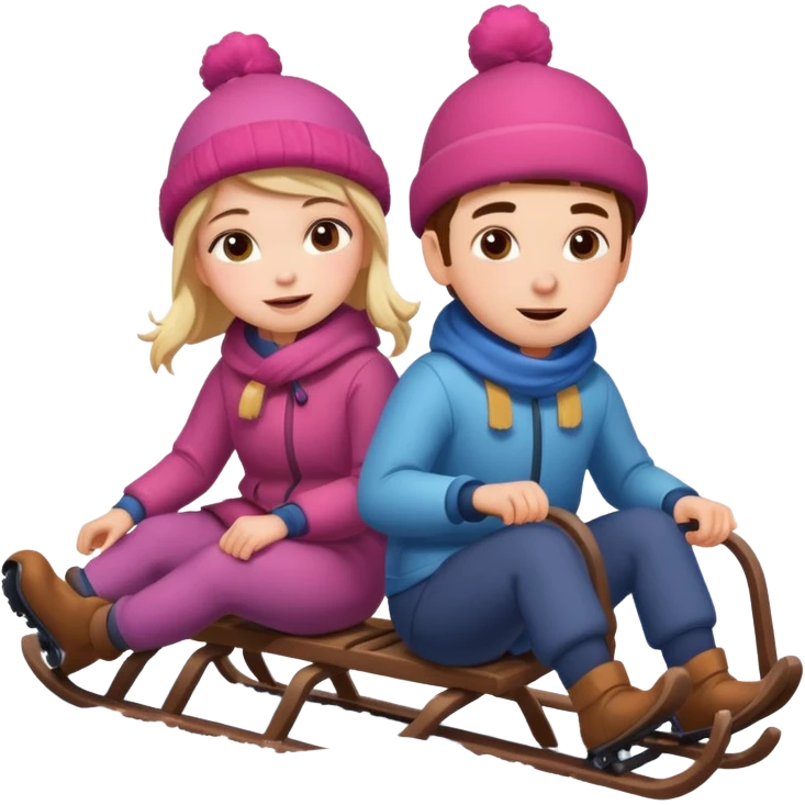 sledge surrounded with snow with boy and girl on top of it riding emoji