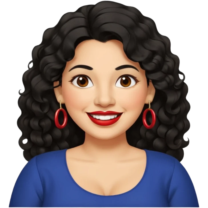 40 yr old Mexican woman, slightly chubby, wavy/curly long black hair, red lipstick, big smile, white teeth, brown eyes, hoop earings, side part to hair, round face, nice blouse, no wrinkle hair side swept, big hoop earing emoji