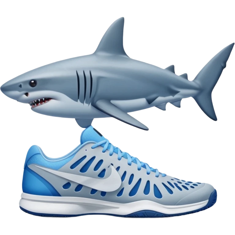 shark at the seaside, blue Nike tennis shoes on its fins emoji