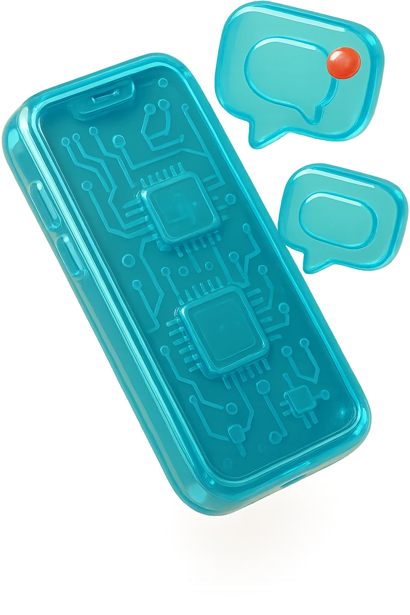 Icon of a smartphone with notification bubbles, flat design, cyan blue emoji