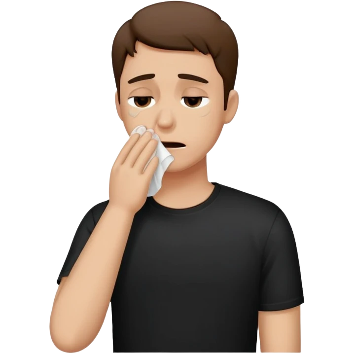 A man in a black t-shirt crying and wiping tears with a tissue emoji
