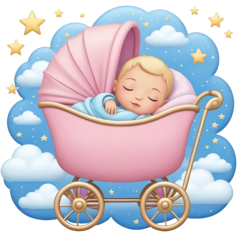 sleeping baby in pink and beige stroller surrounded by many pastel blue clouds and sparkling stars emoji