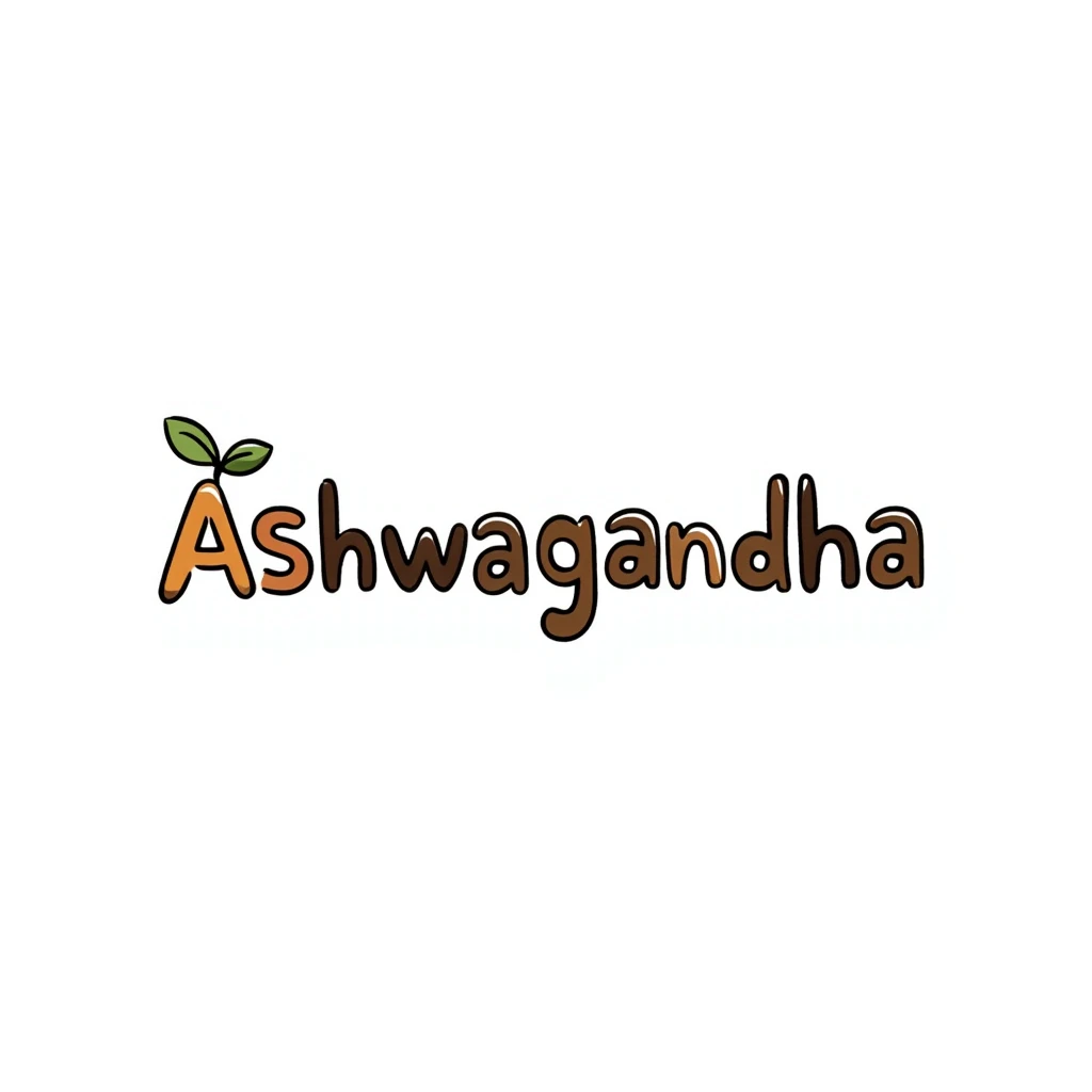 The word "Ashwagandha" hand-drawn in a warm earthy color palette with browns, oranges, and subtle greens. Simple doodle style with minimal decoration. emoji