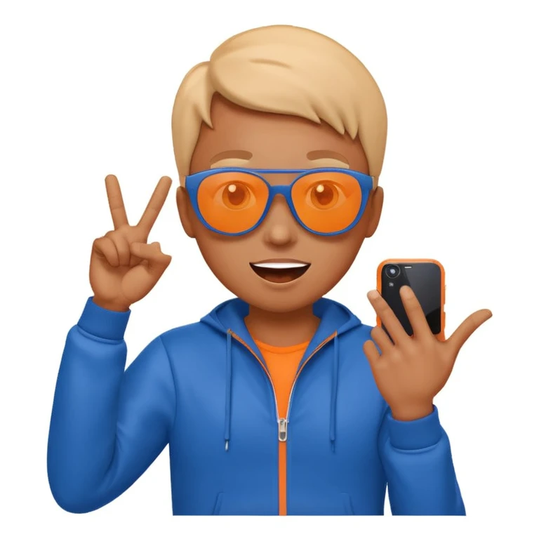 cool emoji-style character wearing sunglasses and a blue tracksuit, making a phone gesture with one hand, surprised or excited expression, orange smoky background emoji