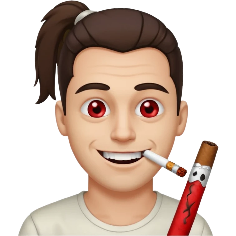 A white man with dark brown hair in a ponytail, oversized bloodshot eyes, grinning, smoking a long spliff  emoji