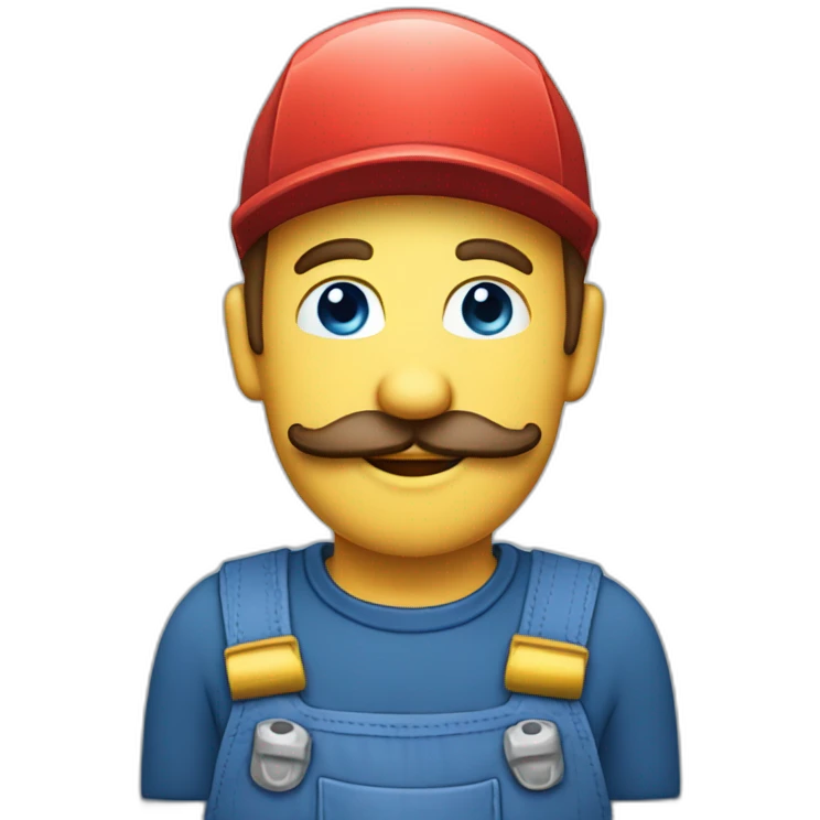 plumber with a red hat, a red shirt, blue overalls with yellow buttons, a brown mustache & blue eyes emoji