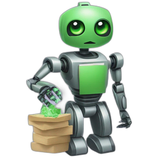 robot with green eyes holding a stack of monet in his left hand  emoji