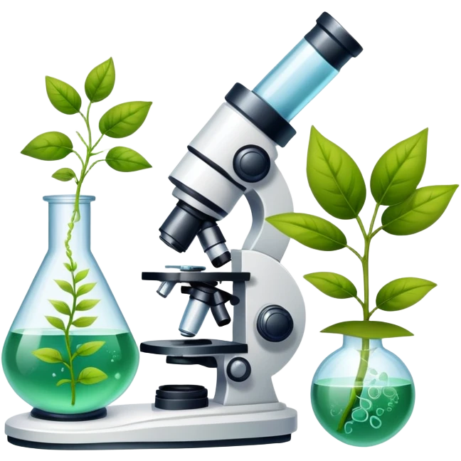 An icon featuring a DNA helix, a microscope, and a plant leaf, symbolizing biology. The design includes animal cells, a test tube, representing the study of life forms, ecosystems, and genetics. Transparent background highlights the exploration of living organisms. emoji