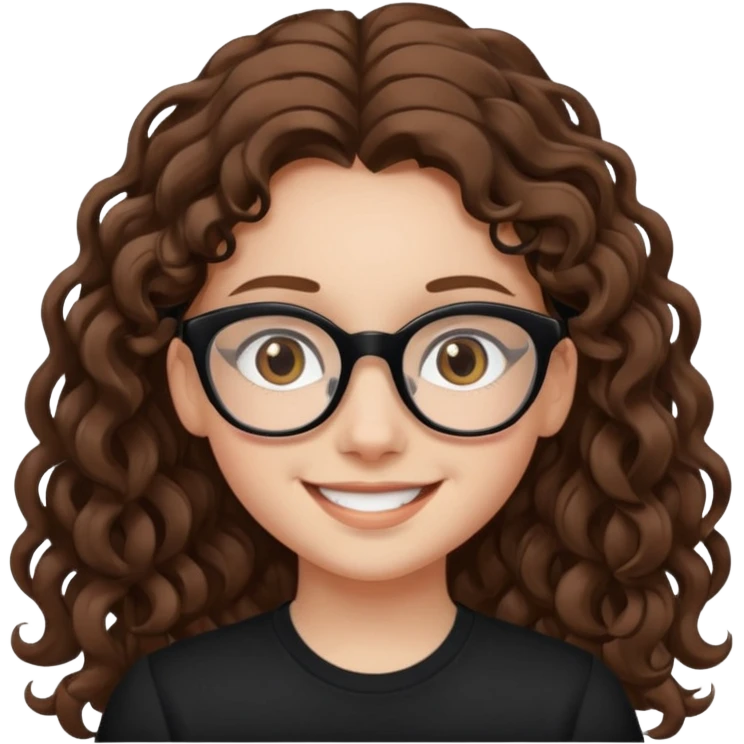white teen girl with long brown curls, hazel eyes, and black frame glasses emoji