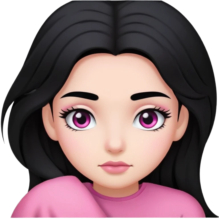 A girl with black hair, black eyes and eyebrows, relatively long hair, and a beautiful pink emoji
