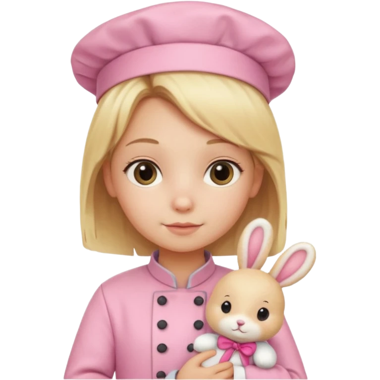 girl kid italian chef, blonde,  pink uniform, holding plush rabbit emoji