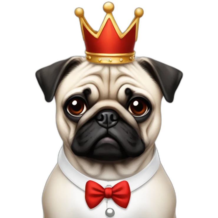 A dog (pug) with a crown in a white suit and a red bow an black baces emoji