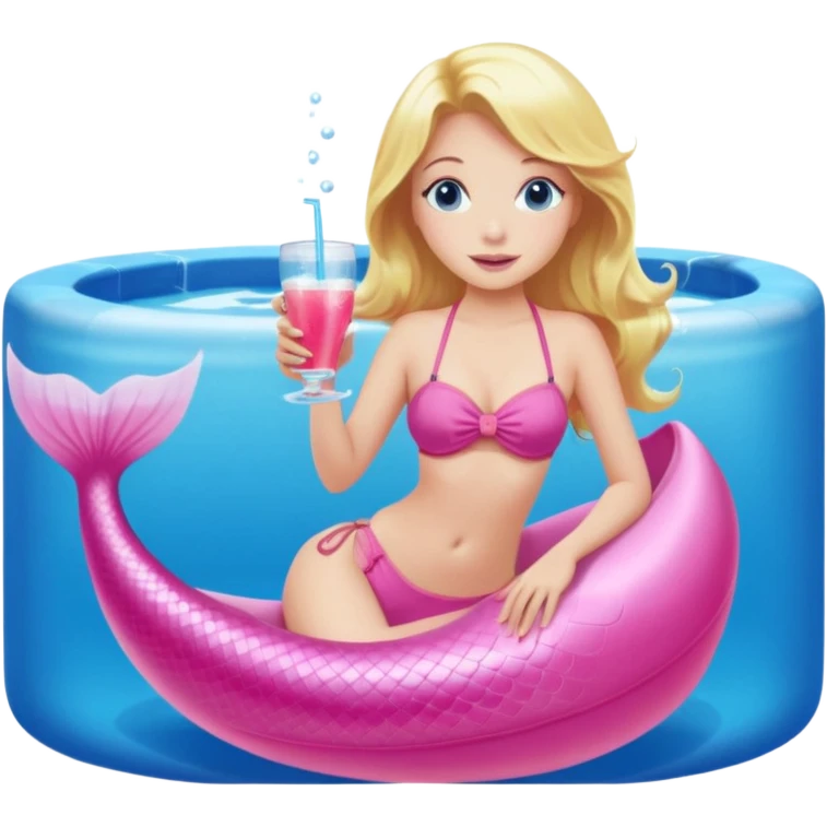  woman with blonde hair and blue eyes sitting in a pink pool tube in a blue pool sipping a drink wearing a pink bikini top and a pink mermaid tail  emoji