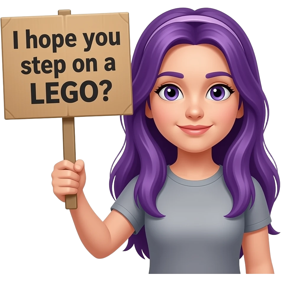 girl with long purple hair holding a I hope you step on a LEGO sign emoji