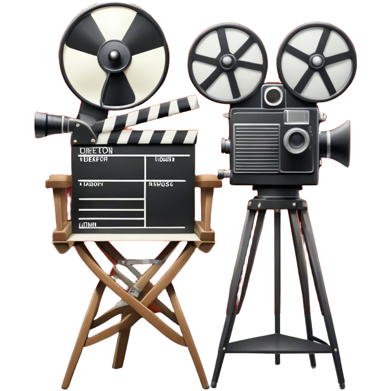 Icon for Directing: a director's chair, a film clapperboard, large movie camera, vintage megaphone and a stage with a spotlight. The icon should represent the creative and organizational aspects of directing, with focus on storytelling, staging, and performance. Transparent background. emoji