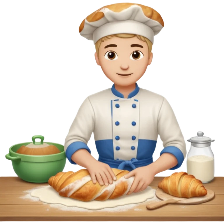 Young male baker – rolling croissant dough on a wooden table, flour on clothes

 emoji