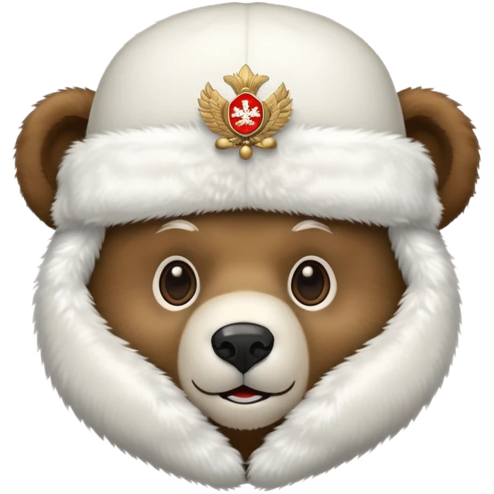 Friendly bear face with white fluffy ushanka hat with prominent Russian emblem in the middle, iOS emoji style emoji