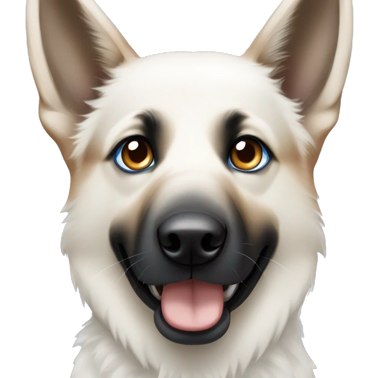 White and black German shepherd with 1 blue eye and 1 brown eye emoji