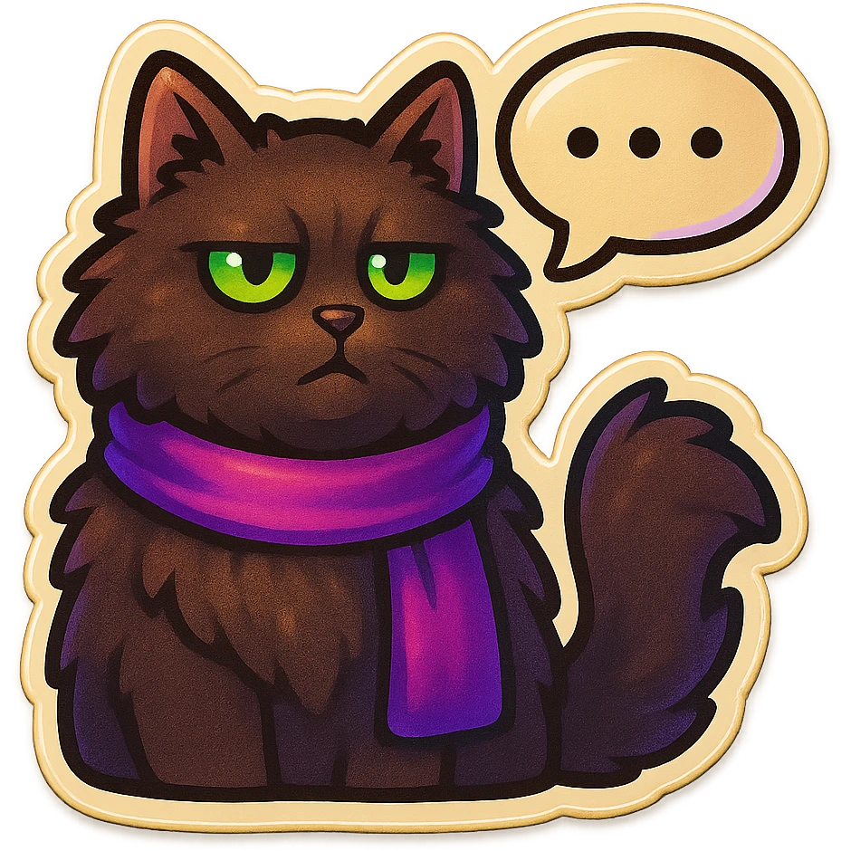Fluffy dark-brown cat with green eyes and a purple scarf saying ‘…’ with a poker face (with a speech bubble) emoji