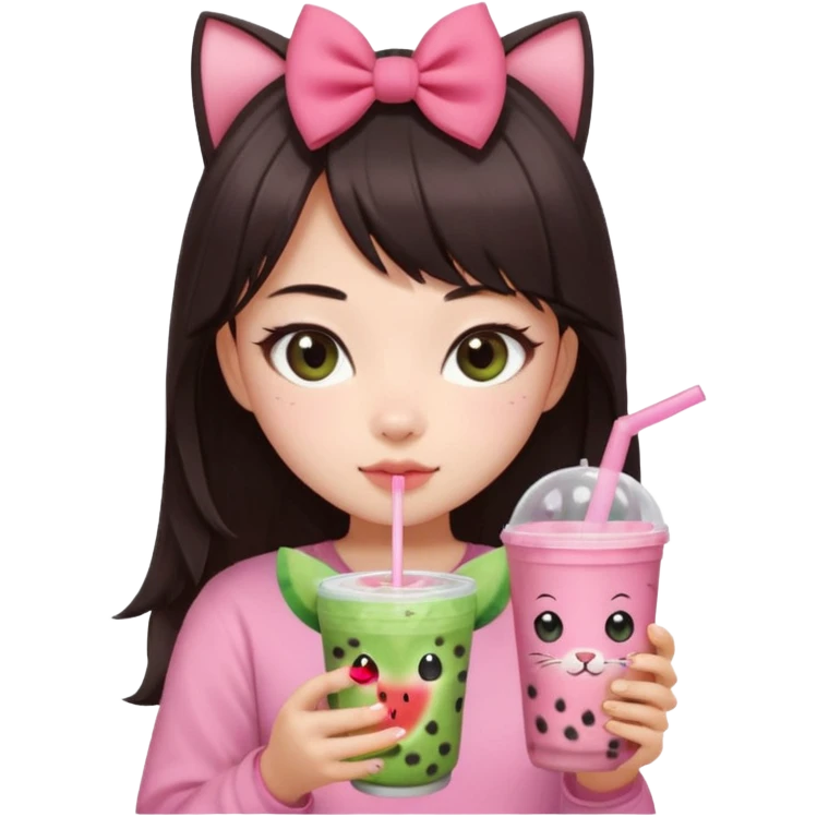 Pale asian girl with cat eyes big pupils with dark brown hair side bangs t the left and layered hair towards the inside with pink bow on hair and pink outfit holding a watermelon bubble tea emoji