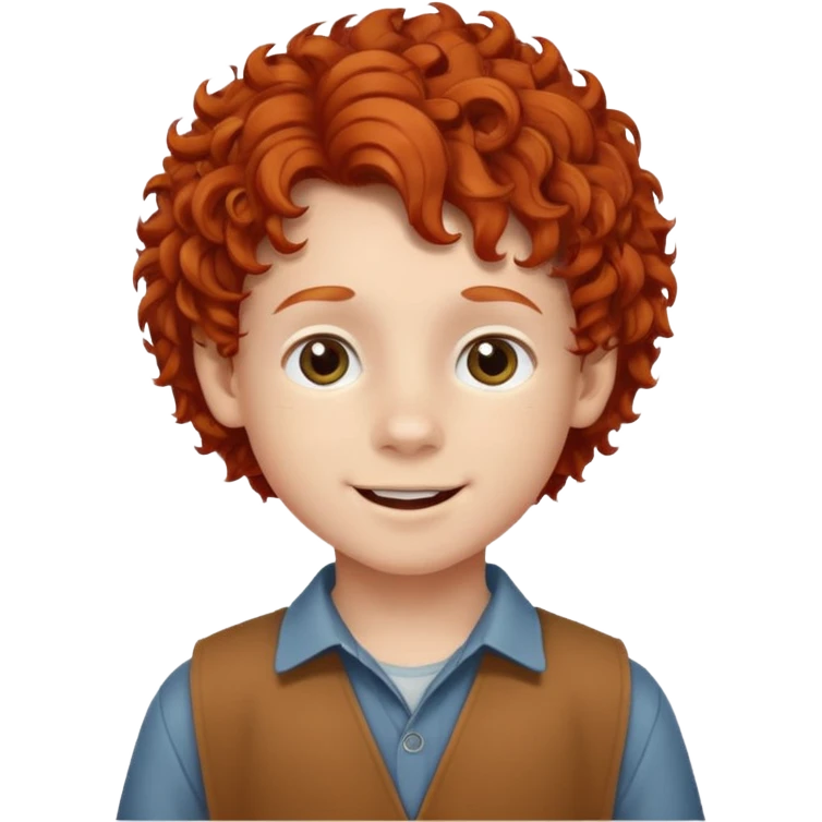 redhead kid with unique face features and very curly hair kid boy happy and braced emoji
