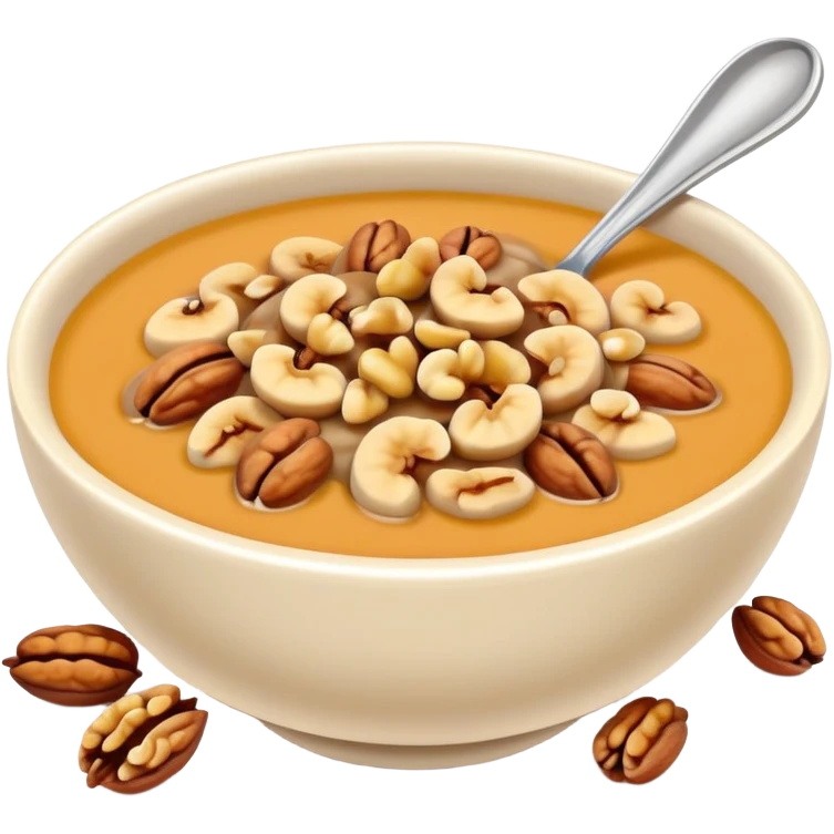 Walnut soup sweet dessert in bowl with nuts, simplified emoji style with bold outlines and bright colors, cartoon style Hetao Hu traditional sweet emoji