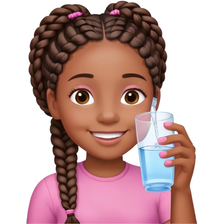 Black girl with braids drinking water. She is on pink and is smiling emoji