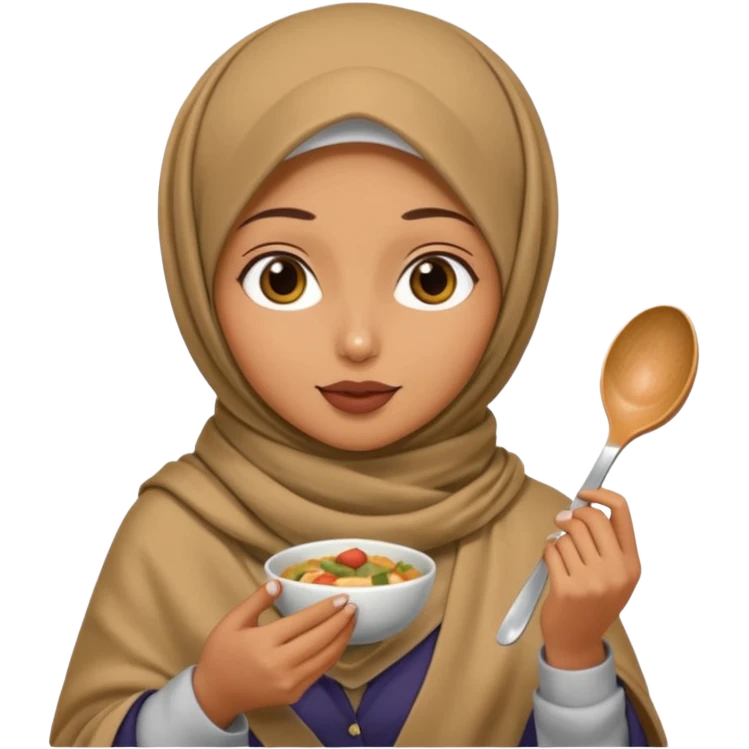 a woman wearing a pashmina hijab is eating while holding a spoon emoji