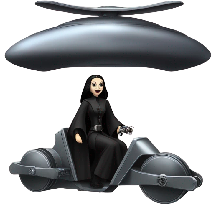 Jedi teen Morticia Addams flying a old Jumpspeeder anti-gravity repulsorlift powered by an imperial speeder steampunk  emoji