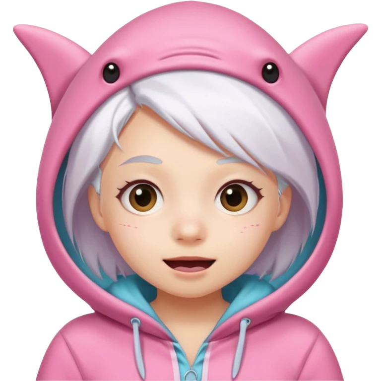 cute girl with white hair in a pink shark onesie, making a silly face emoji
