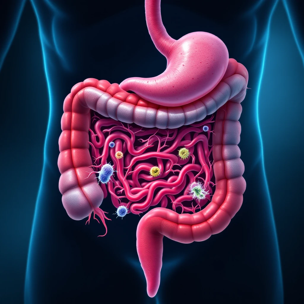 a medical illustration of a human realistic gut with bacteria and parasyte (tenia) emoji