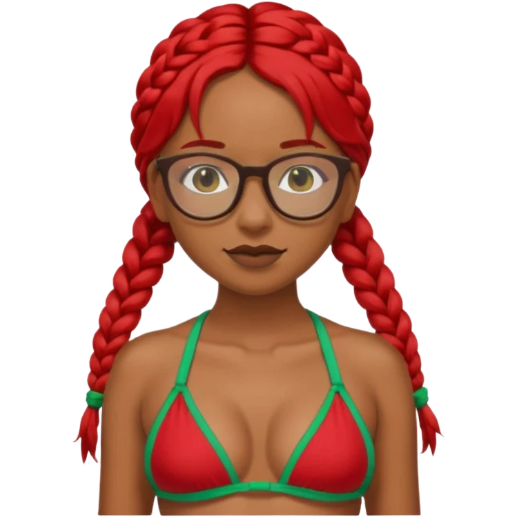 Dark Tan girl with two long red plaits and red rimmed  glasses, green bikini top,  head neck and shoulder shot only emoji