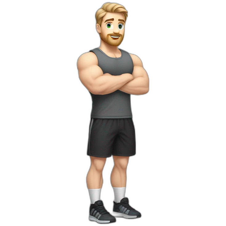 Full height Pale skinned fit man With biceps, Realistic eyes and mouth, light brown hair and stubble In dark gray sleeveless mike, black oversize sports shorts, watch and white sneakers. emoji