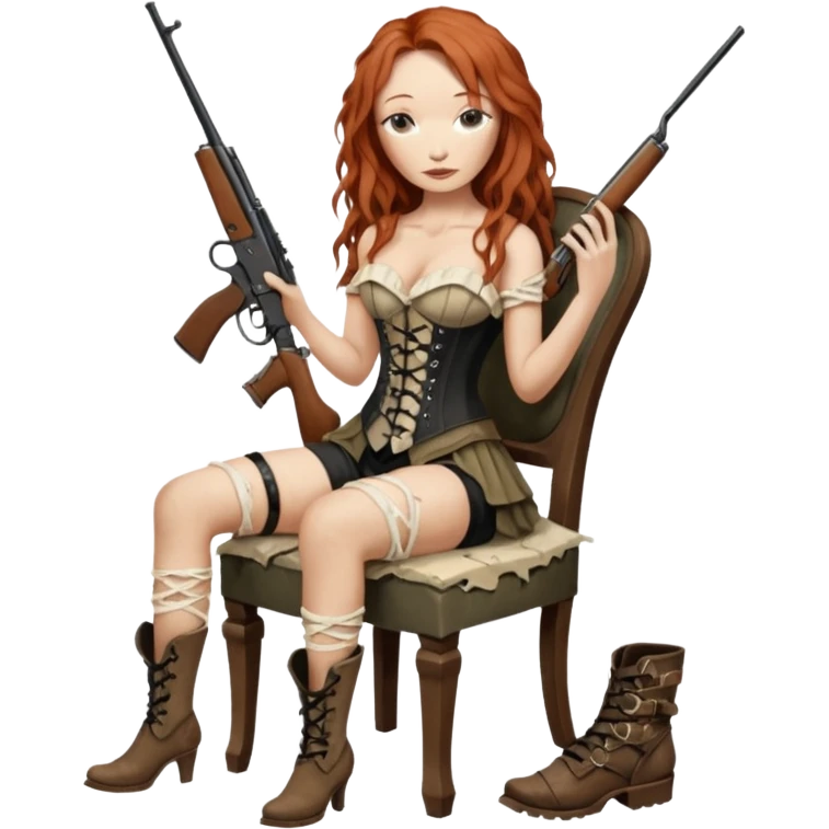 realistic cinematic Tori Amos sits on a rocking chair in a torn corset, holding an antique rifle and her bare feet are muddy. A white snake is wrapped around the chair. emoji