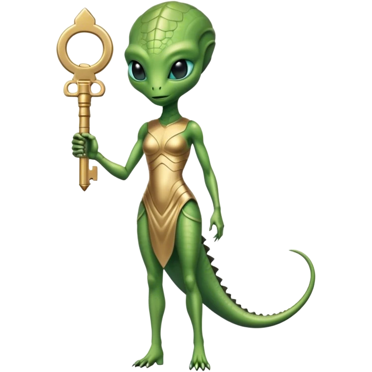 a reptilian alien woman full body, in gold dress, hold big key emoji