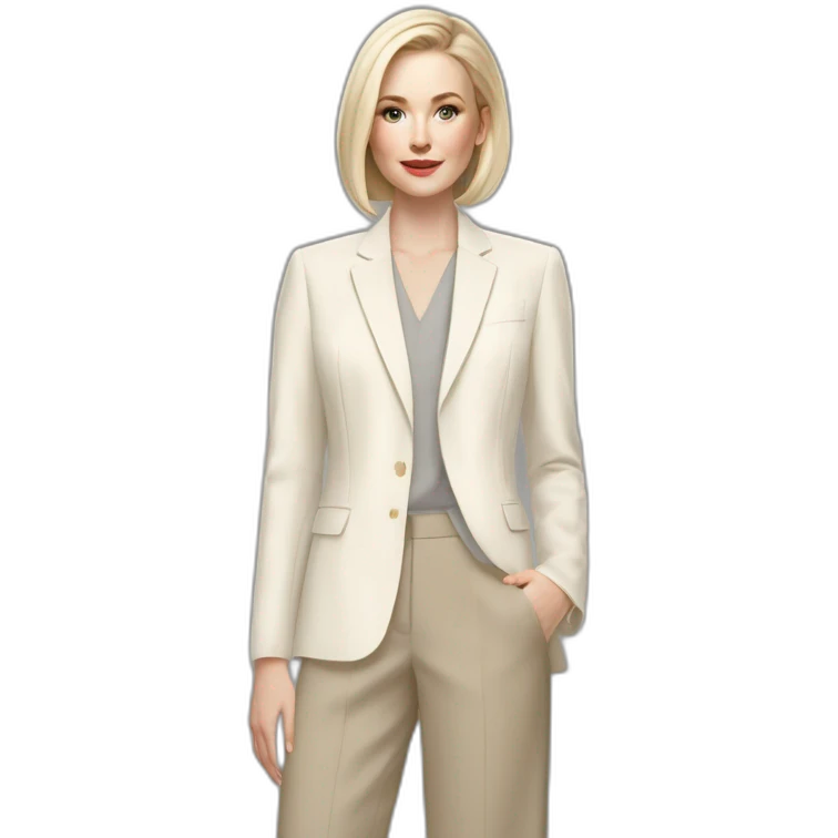 pale skin woman with ash blonde Straightened bob Hair, White Spacious classical jacket, beige palazzo Arrow pants and gray blouse holding a color palettes in the hands emoji