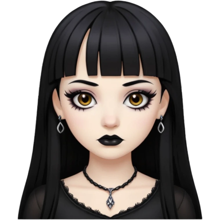 Faça uma moça de cabelo preto e micro micro franja pálida e com maquiagem gótica pesada olhos castanhos escuro  emoji