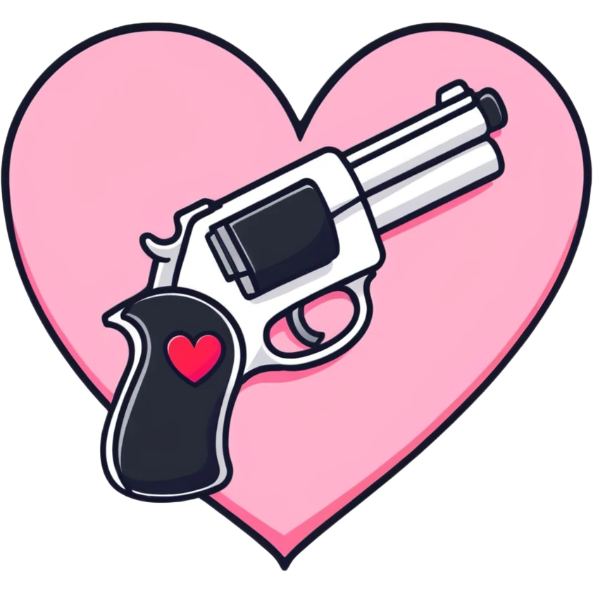 cartoonish love gun with bold lines and pink and red hearts emoji