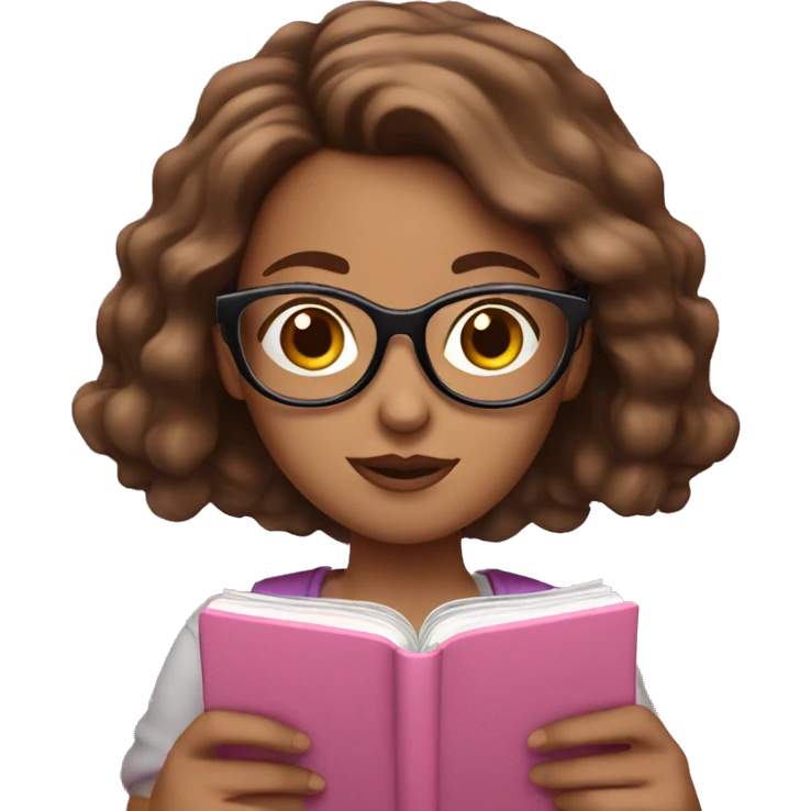 White girl with glasses and brown hair reading on a pink smart phone emoji