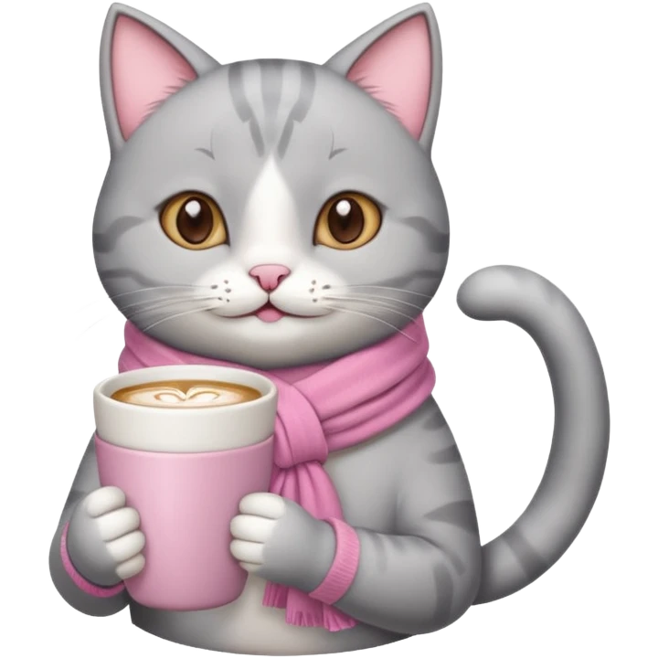 Happy gray Cat with pink scarf holding in its front two paws an hot latte emoji