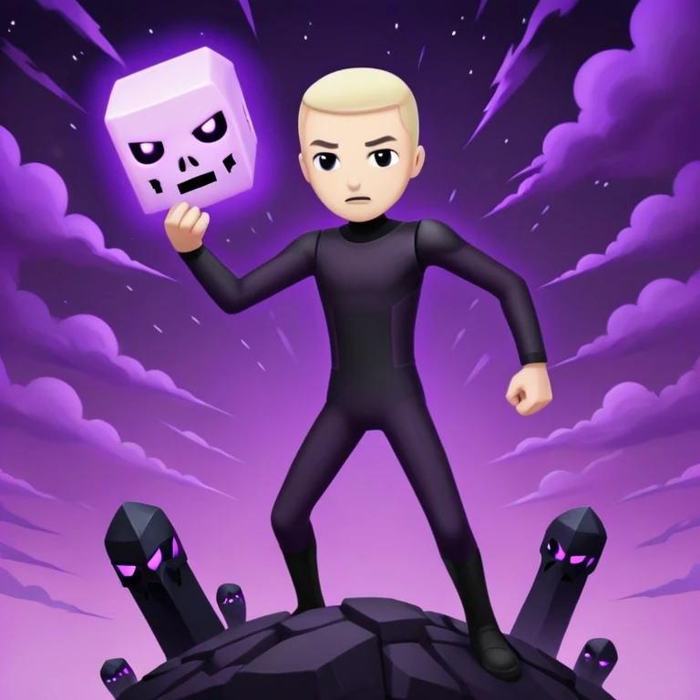 Minecraft Enderman attacking player with username "Artem" in the End dimension, purple sky emoji