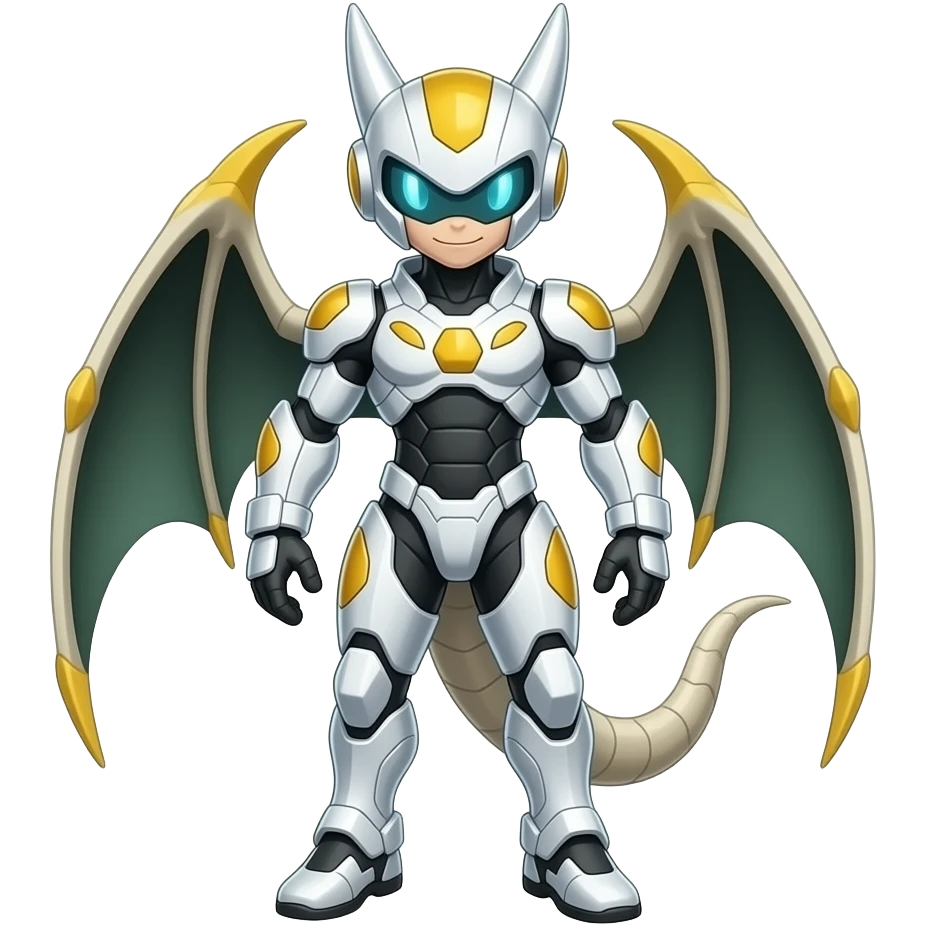 a shiny white Genesect-Flygon-Raptor-Fakémon—hybrid with a futuristic visor-helmet full body emoji