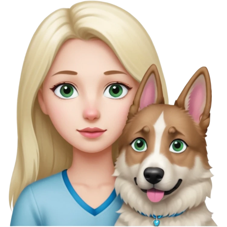 White European young woman with blue-green eyes and long blond hair with her white German Shepherd dog,the Dog has a pink nose and short fur  and Brown eyes emoji