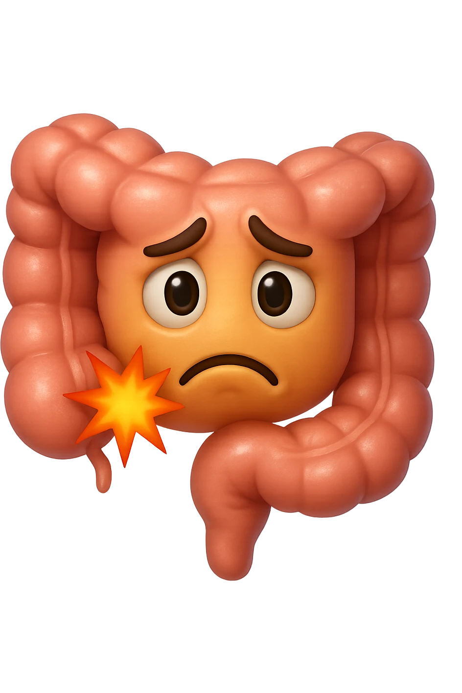 emoji stile iphone di un intestino con mal di pancia, espressione preoccupata, iperrealistica  emoji