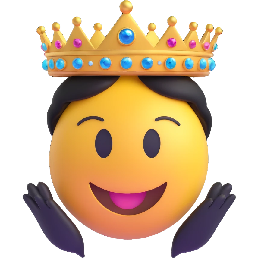 3D smiley emoji, large eyelashes, girly, sparkling tiara, happy emoji