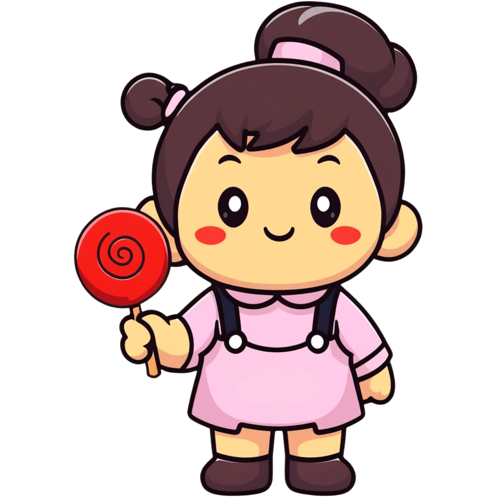 happy Monchichi character with a big lollipop emoji