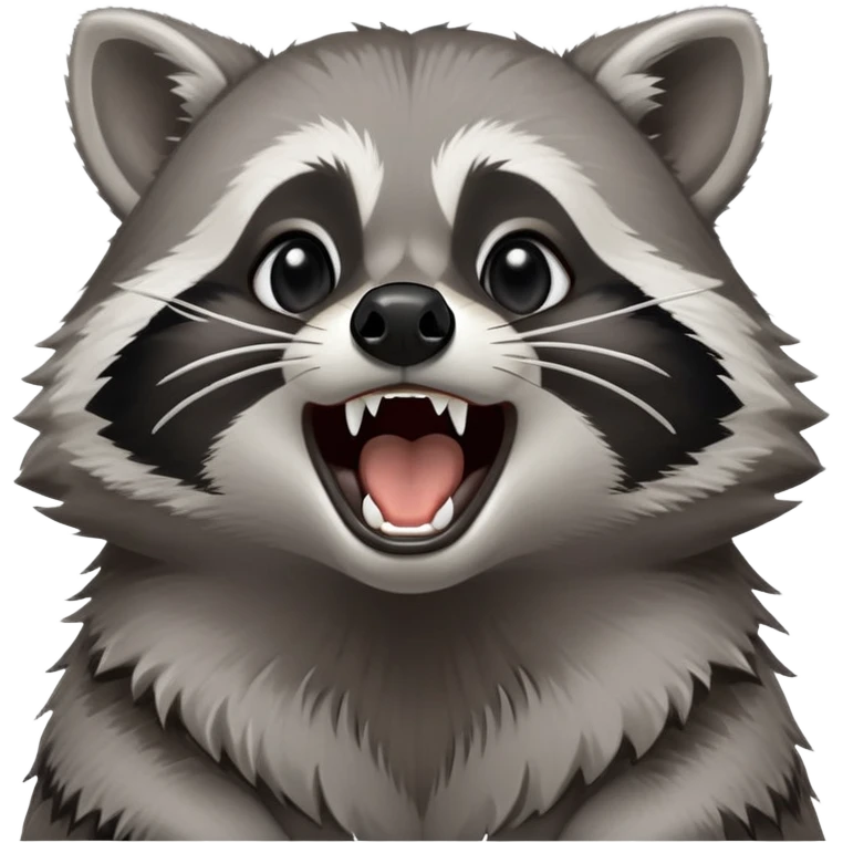 Cinematic-Noble- Yawning Raccoon-Portrait-Emoji – Poised and confident, wide-open yawn, revealing a soft grey with a sturdy build and a beautifully textured fur of silver-grey accented by dark black facial markings, deep-set, big black eyes, simplified yet sharp and sophisticated zoom out to show shoulders emoji